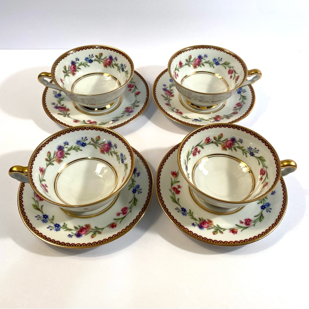 Raynaud Limoges France Country Flowers 4 Footed Cups & Saucers Porcelain China